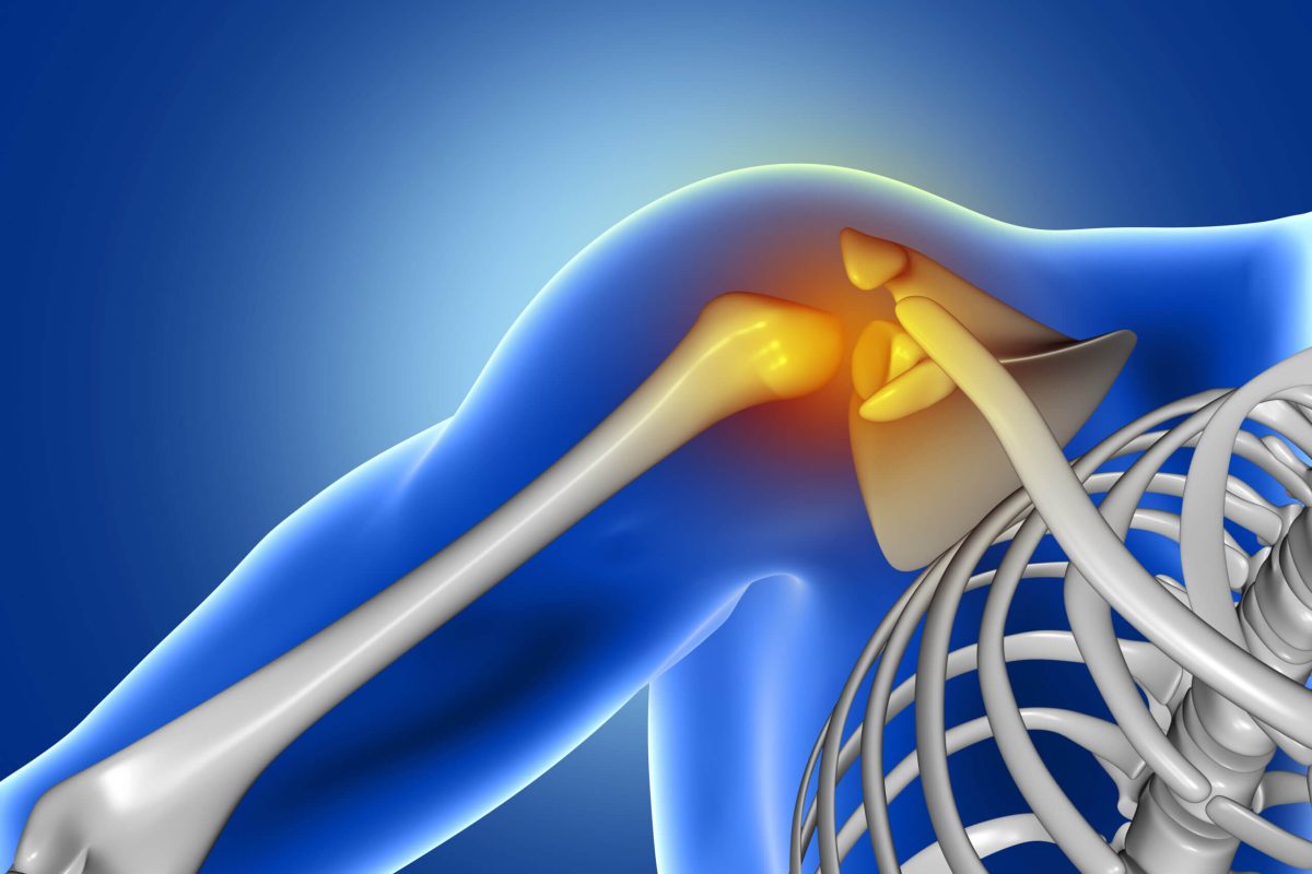3D render of a blue medical image of close up of shoulder bone